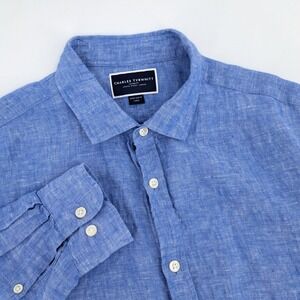 Charles Tyrwhitt Extra Slim Fit Button Down Mens Large 100% Linen Blue Solid LS